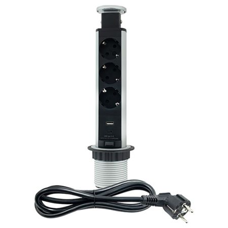 ME-PN-1203-USB/S-3 1.8m srebrno-crna POPUP nameštajska priključnica trostruka + USB Tip-A+Tip-C 5V 2.1A 10W, 16A 250V-3600W 3x1.5mm2