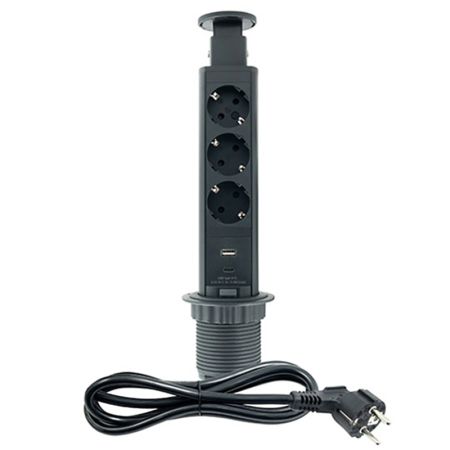 ME-PN-1204-USB/C-3 1.8m POPUP nameštajska priključnica trostruka + USB Tip-A+Tip-C 5V 2.1A 10W, 16A 250V-3600W 3x1.5mm2