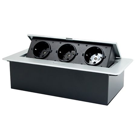 ME-PN-1205/S-3 srebrno-crni POPUP nameštajski PODSKLOP sa tri utičnice 16A 250V-3600W