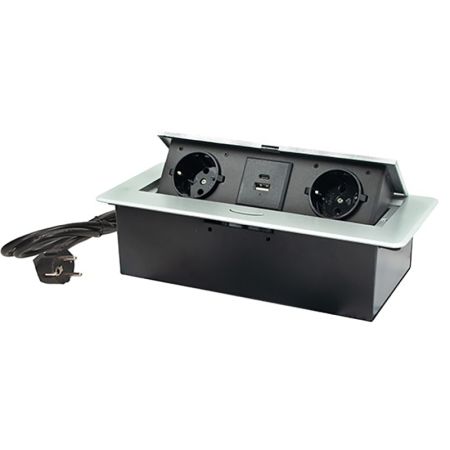 ME-PN-1209-USB/S-2 1.5m srebrno-crna POPUP nameštajska priključnica dvostruka + USB Tip-A+Tip-C 5V 2.1A 10W, 16A 250V-3600W 3x1.5mm2