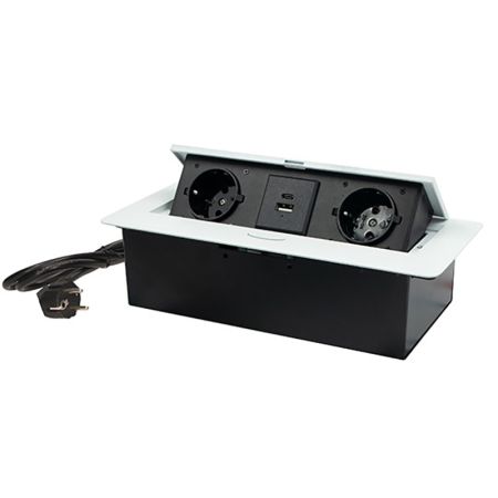 ME-PN-1211-USB/W-2 1.5m bela POPUP nameštajska priključnica dvostruka + USB Tip-A+Tip-C 5V 2.1A 10W, 16A 250V-3600W 3x1.5mm2