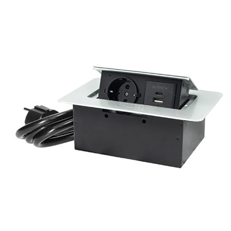 ME-PN-1214-USB/S-1 1.5m srebrno-crna POPUP nameštajska priključnica + USB Tip-A+Tip-C 5V 2.1A 10W, 16A 250V-3600W 3x1.5mm2