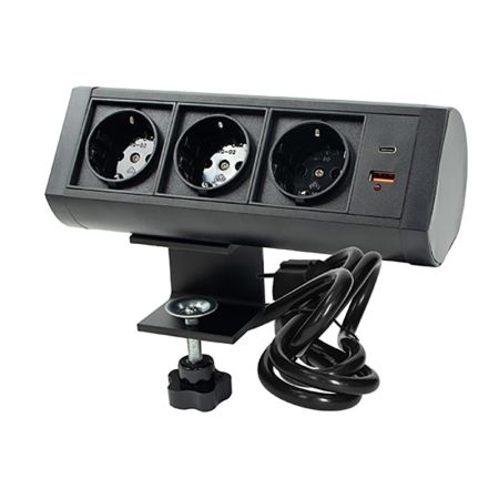 ME-PN-1218-UBS/S-3 1.5m crna nameštajska priključnica sa držačem trostruka + USB Tip-A+Tip-C 5V 2.1A 10W, 16A 250V-3600W 3x1.5mm2