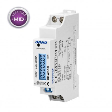 ORNO OR-WE-521 LCD, 40A monofazni merač potrošnje za DIN šinu 1P 1000imp/kWh MID, strujomer