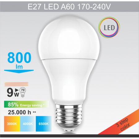 E27 LED 9W A60 3u1 3000/4000/6500K sij. 170~240V Mitea Lighting